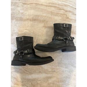 NATHA Black Leather Moto Boots with White Stitching US 11